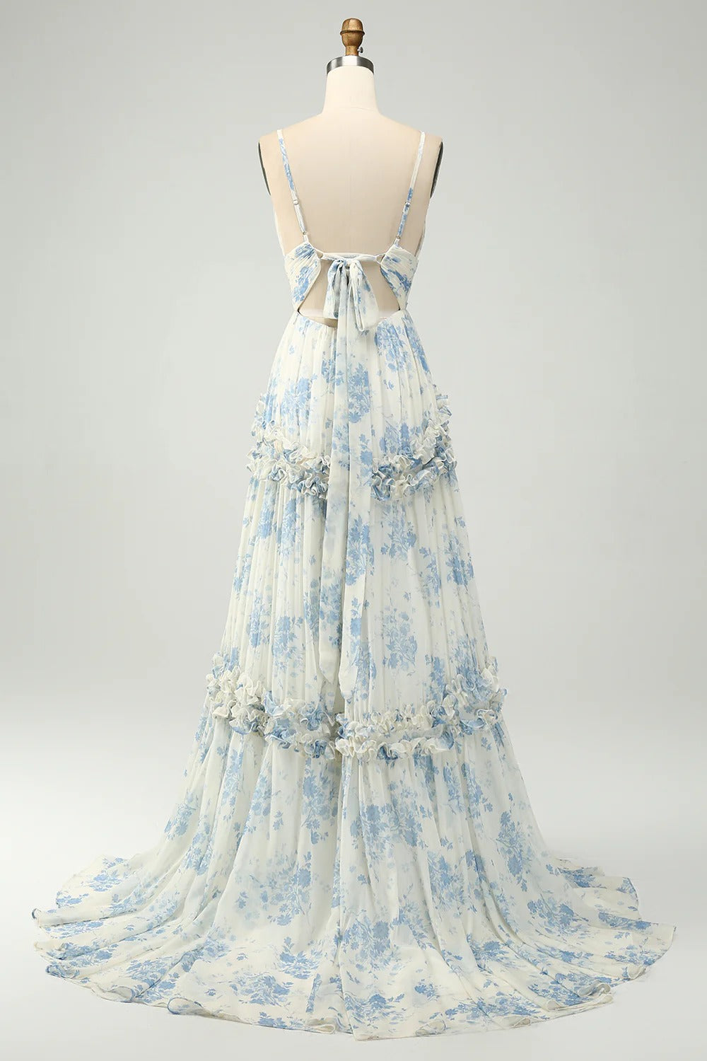 White Chiffon A-Line Floor-Length Dress with V-Neck & Ruched Bodice