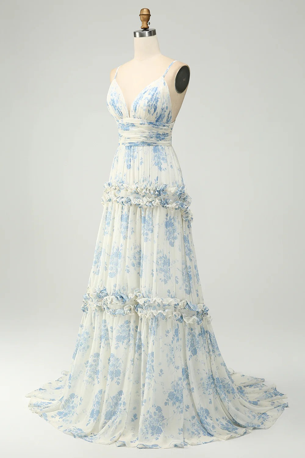 Ivory Blue Floral Ruffle Tiered Chiffon Gown with Open Back and Train
