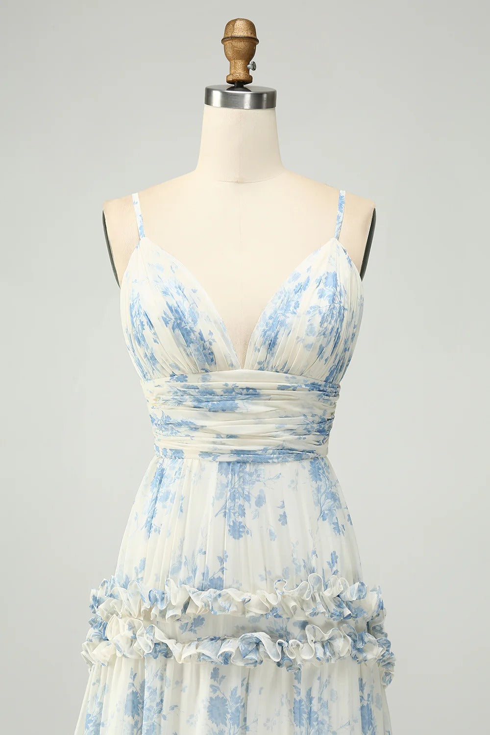 Ivory Blue Floral Ruffle Tiered Chiffon Gown with Open Back and Train