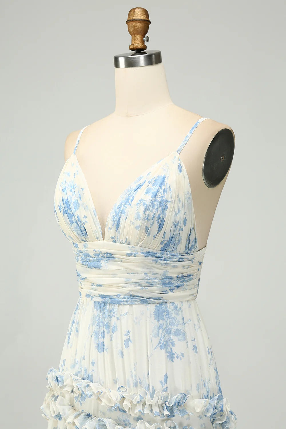 Ivory Blue Floral Ruffle Tiered Chiffon Gown with Open Back and Train