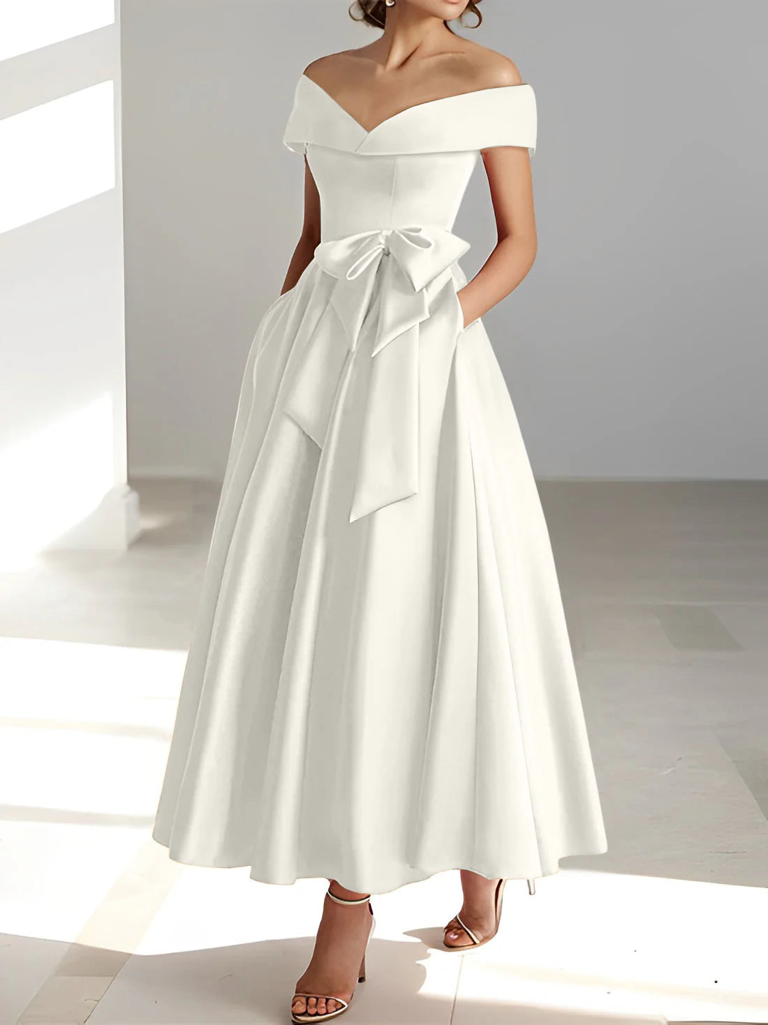 Vestidos de madre de la novia con bolsillos y hombros descubiertos, corte A/Princesa