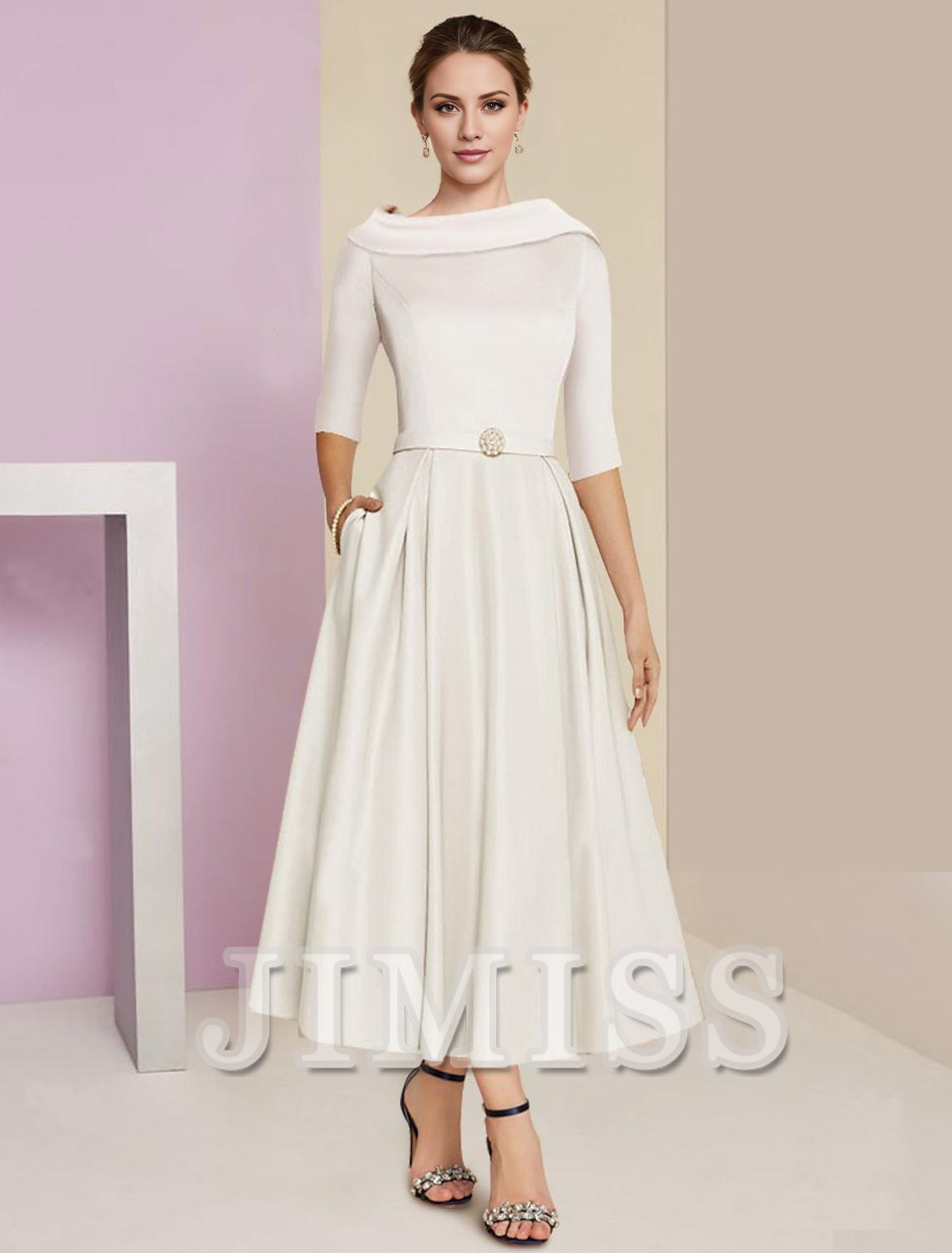 A-Line Mother of the Bride Dress Wedding Guest Elegant Vintage Jewelry Collar Tea Length Charmeuse Satin Half Sleeves with Ruffles Crystals