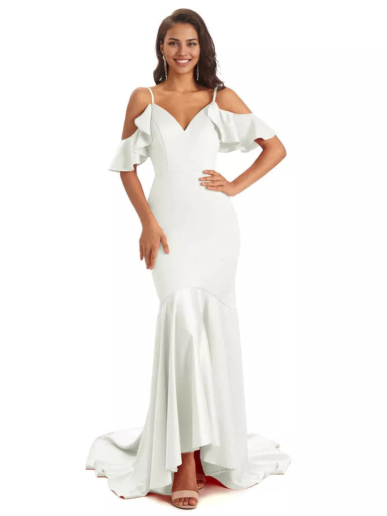 Soft Satin Asymmetric Spaghetti Straps Sleeveless Mermaid Cold Shoulder Bridesmaid Dresses