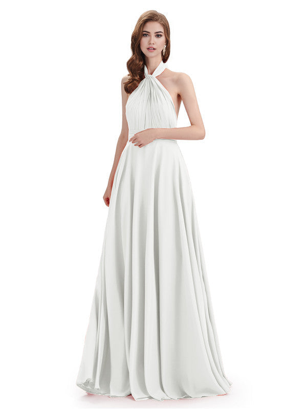 Simple A-Line High Neck Halter Sleeveless Pleats Chiffon Floor Length Bridesmaid Dresses