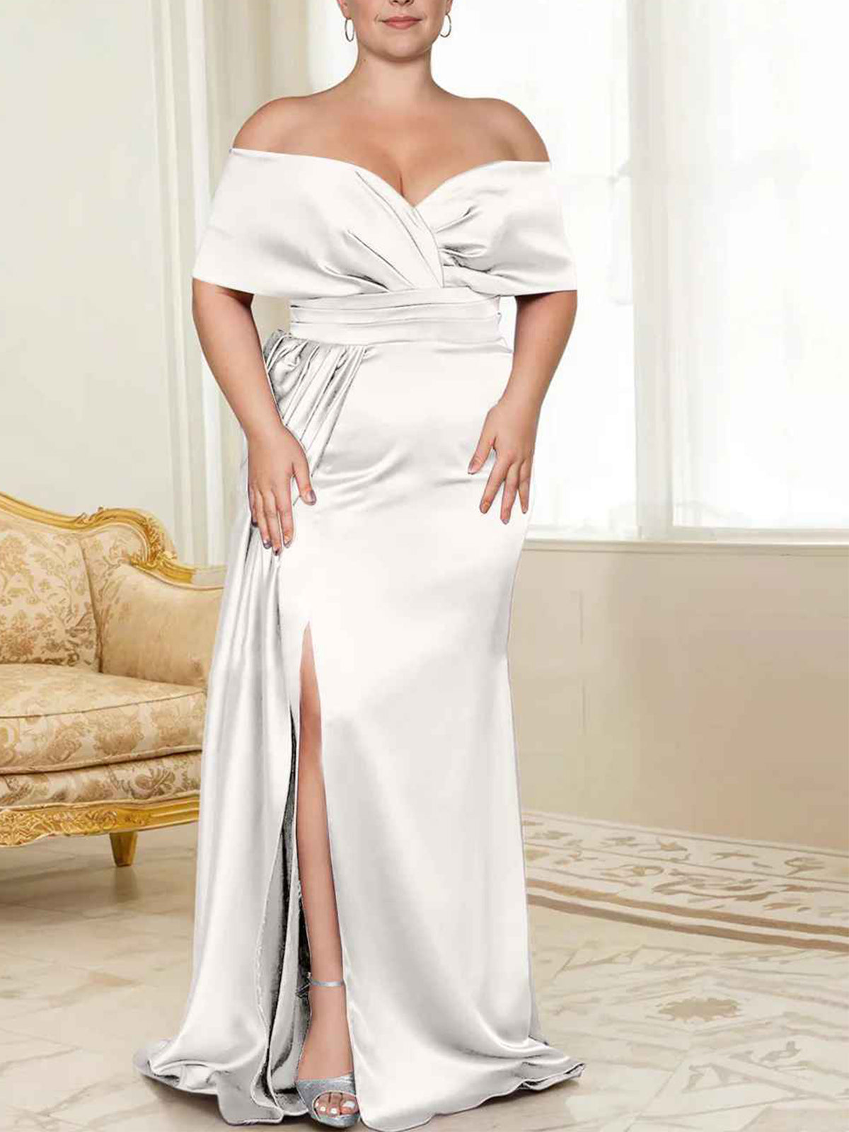 Purple Satin Sheath/column Off-the-Shoulder Floor-Length Evening Dress