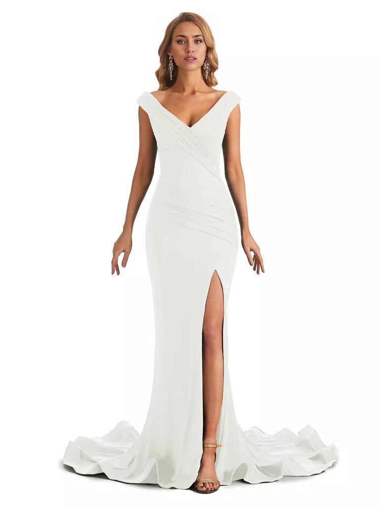 Vestido de dama de honor largo, formal, sin mangas, con escote en V y hombros descubiertos, de estilo sirena y sexy