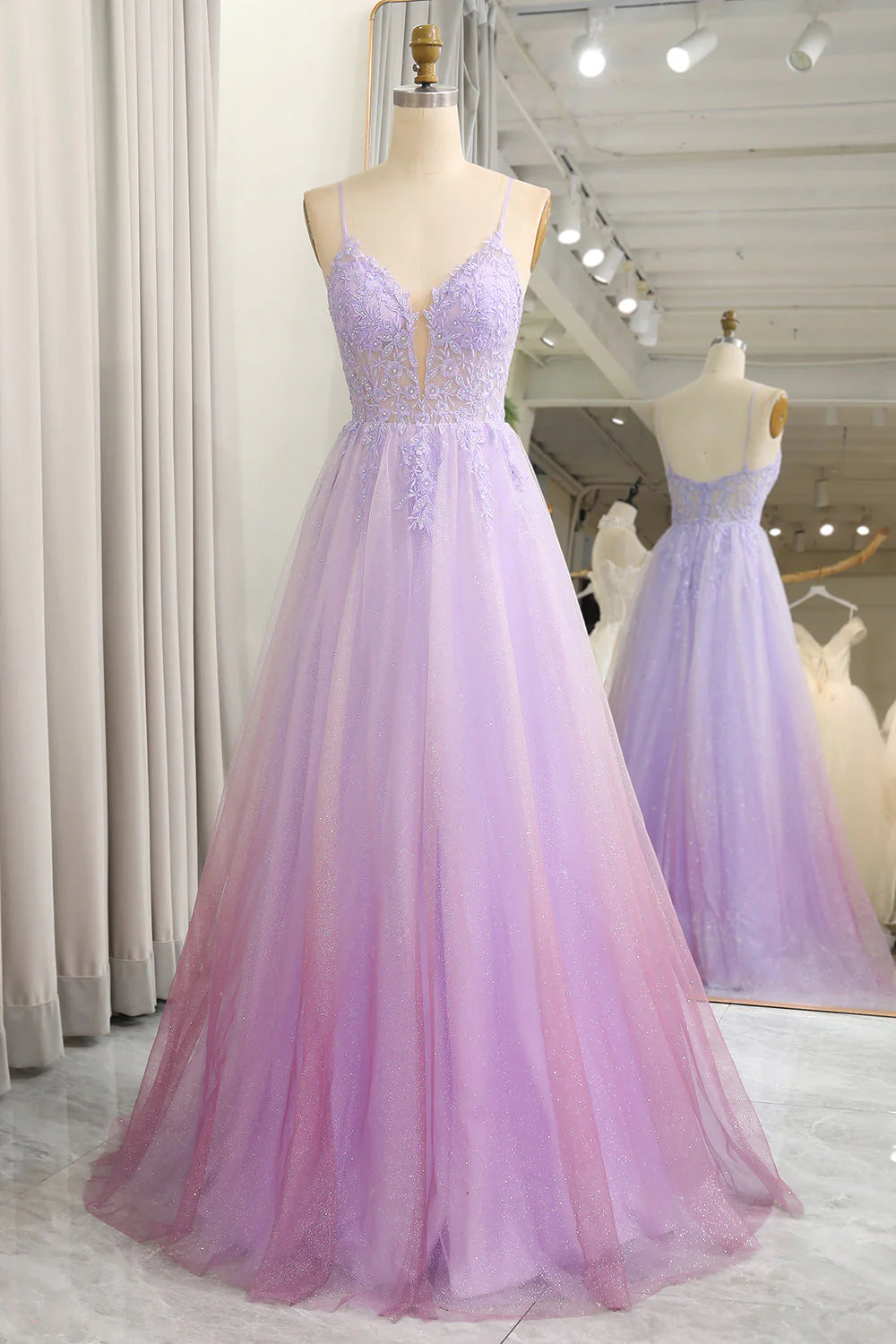Sparkling gradient purple A-line sheer long applique ball dress
