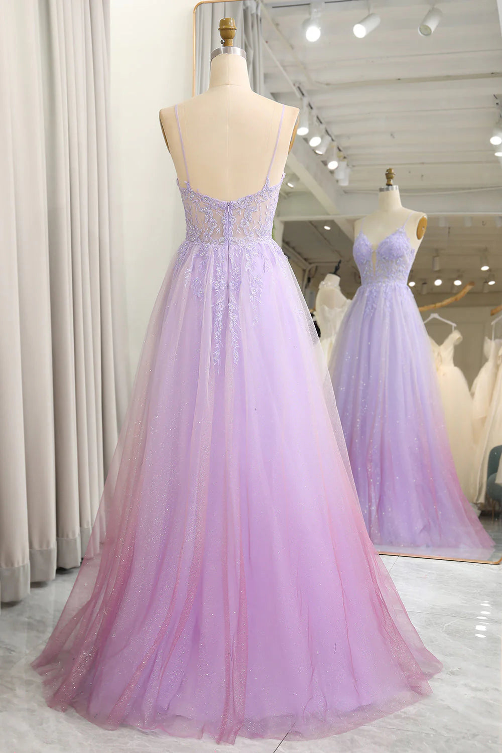 Lavender A-Line Tulle Floor-Length Evening Dress with Lace V-Neck Bodice