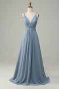 Dusty Blue Chiffon A-Line V-Neck Floor-Length Bridesmaid Dress