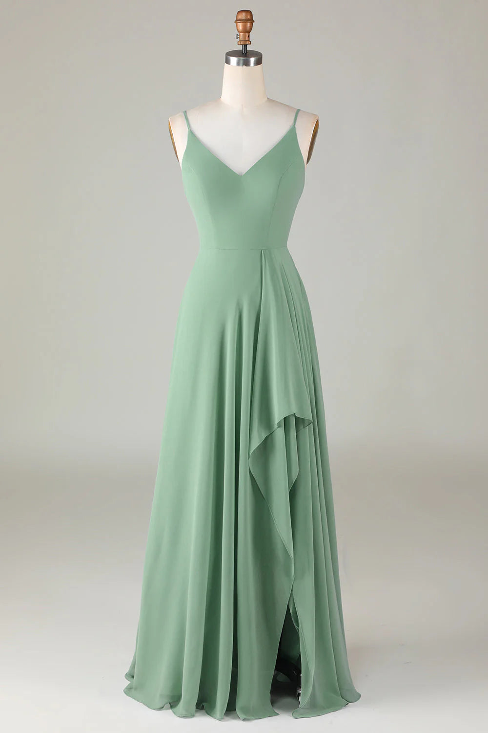 Sage Green Chiffon A-Line Floor-Length V-Neck Bridesmaid Dress