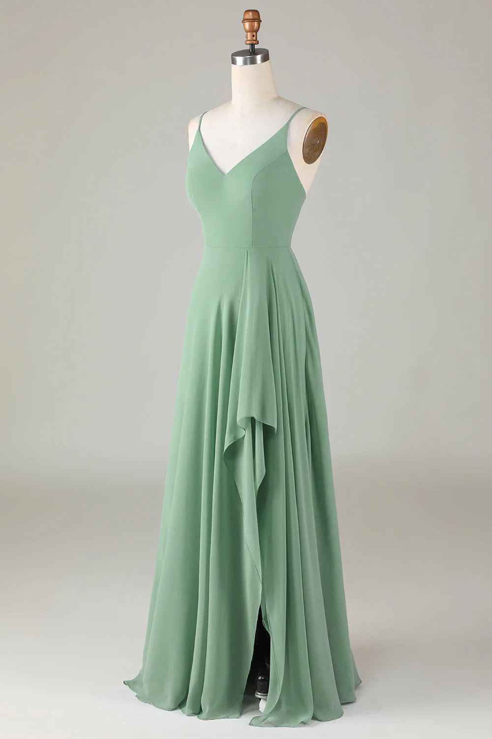 Sage Green Chiffon A-Line Floor-Length V-Neck Bridesmaid Dress