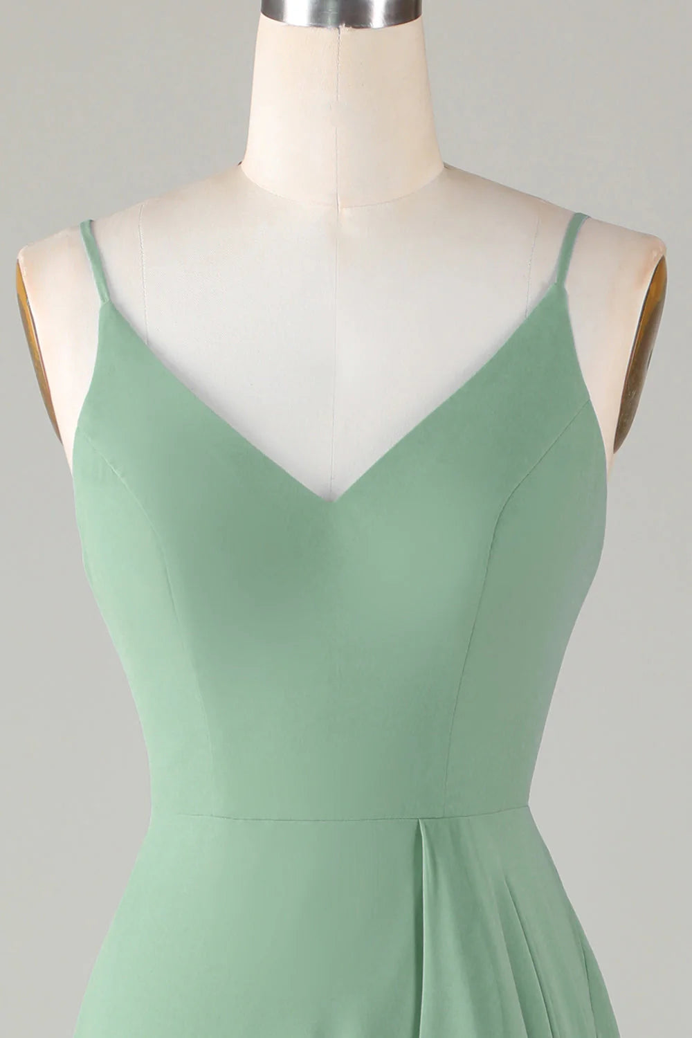 Thin shoulder strap with ruffled edge matcha long bridesmaid dress