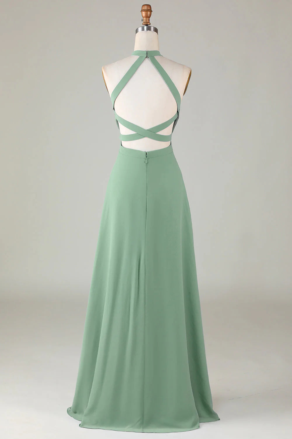Sage Green Chiffon A-Line Halter Floor-Length Bridesmaid Dress with High Slit