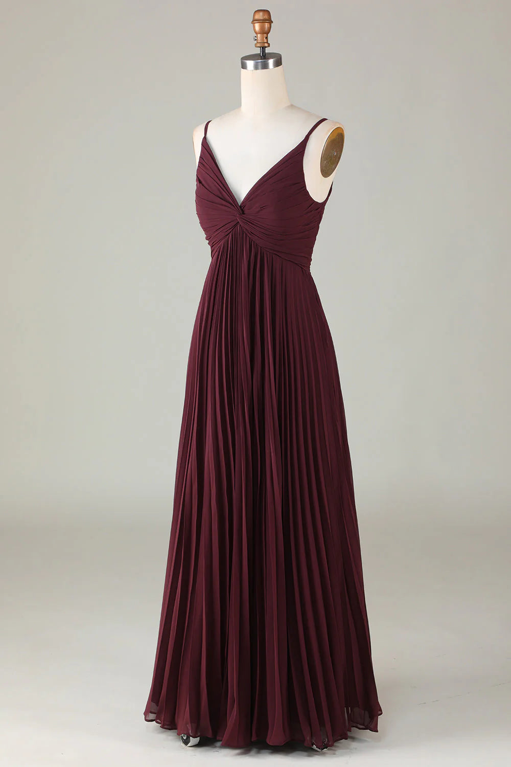 Burgundy Chiffon A-Line V-Neck Floor-Length Bridesmaid Dress with Twisted Bodice