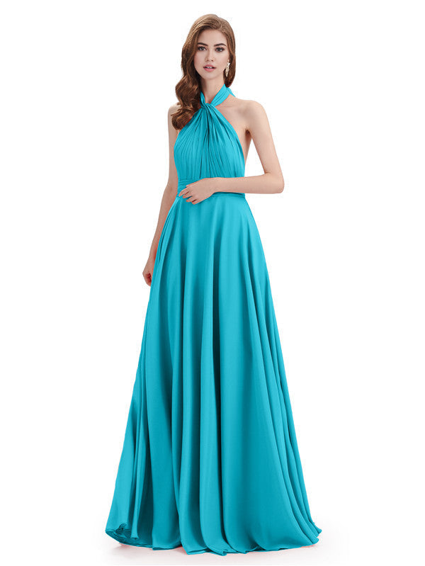 Simple A-Line High Neck Halter Sleeveless Pleats Chiffon Floor Length Bridesmaid Dresses