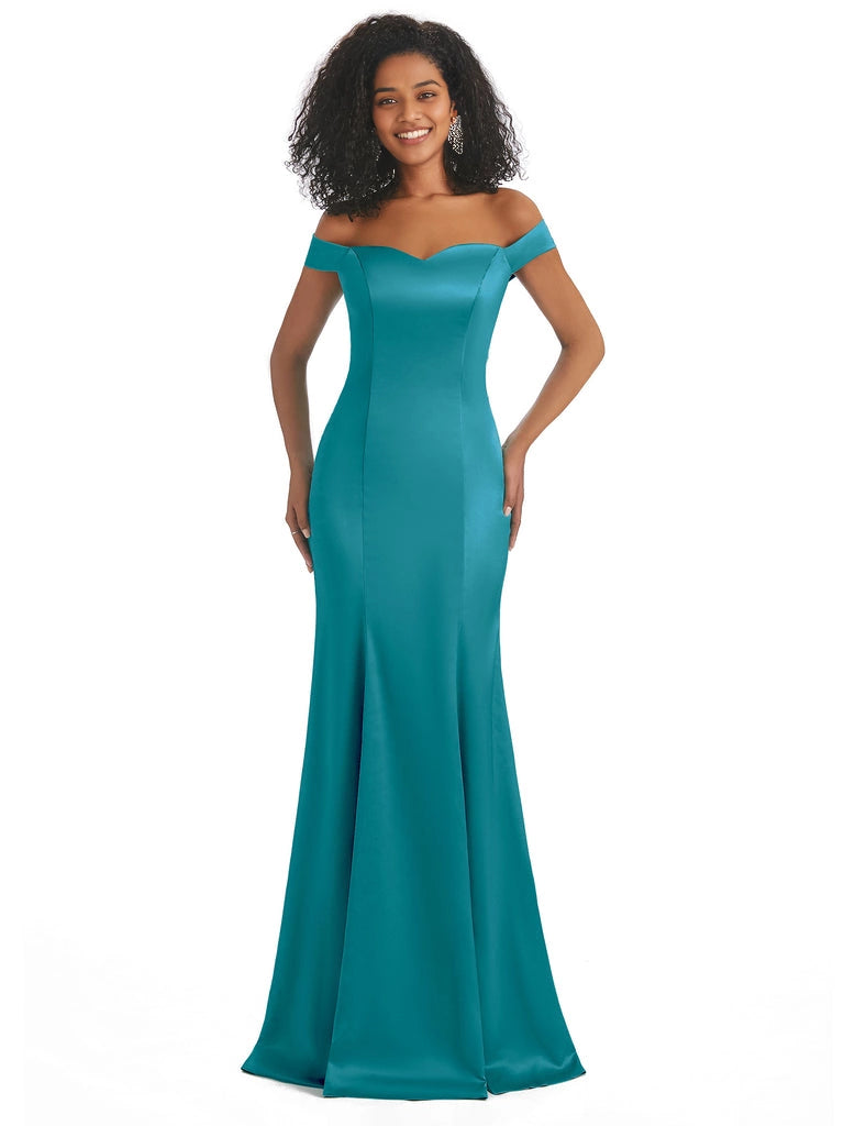 Vestidos de dama de honor largos, sencillos, de satén suave, sin mangas y con hombros descubiertos, de corte sirena