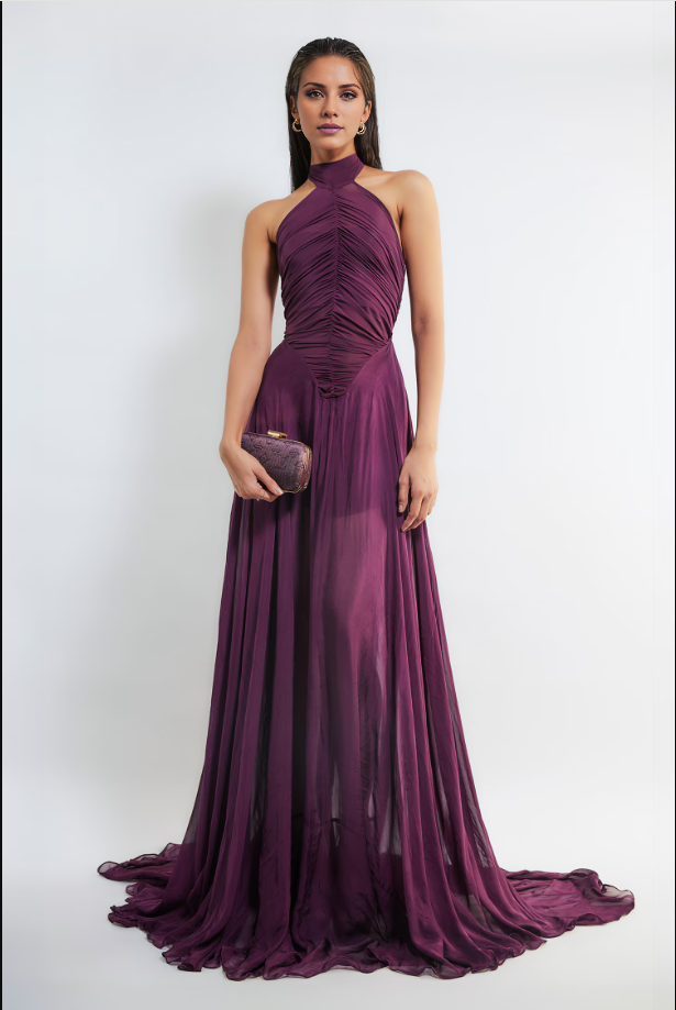 Vestido de fiesta Jimiss con escote halter, hombros descubiertos, sin mangas, espalda descubierta y largo hasta el suelo
