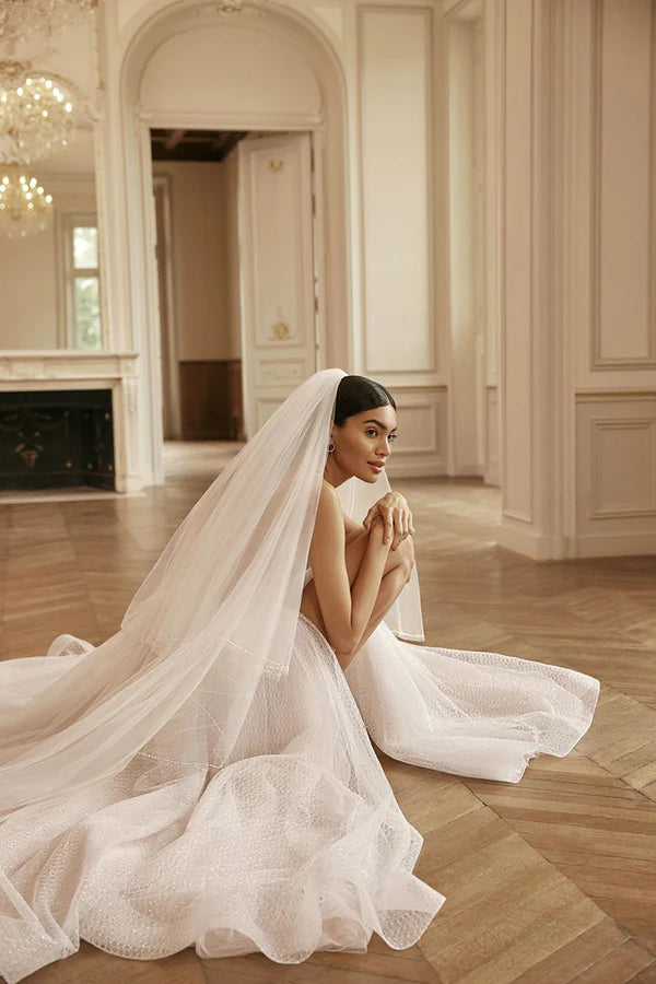 A-line thin shoulder strap decal high slit rural style wedding dress