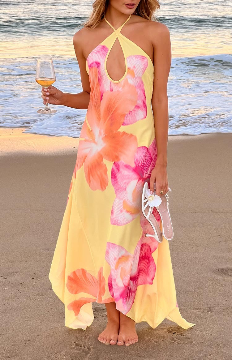Keyhole Neckline Sleeveless Formal Dress with Asymmetrical Hem