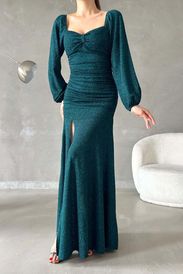 Pink Glitter Sheath/column Floor-Length Dress with Square Neck & High Slit