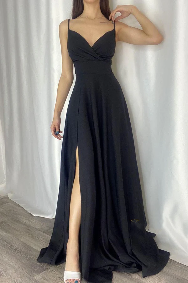 Vestido de noche largo elegante y moderno con escote en V, corte A y tirantes finos