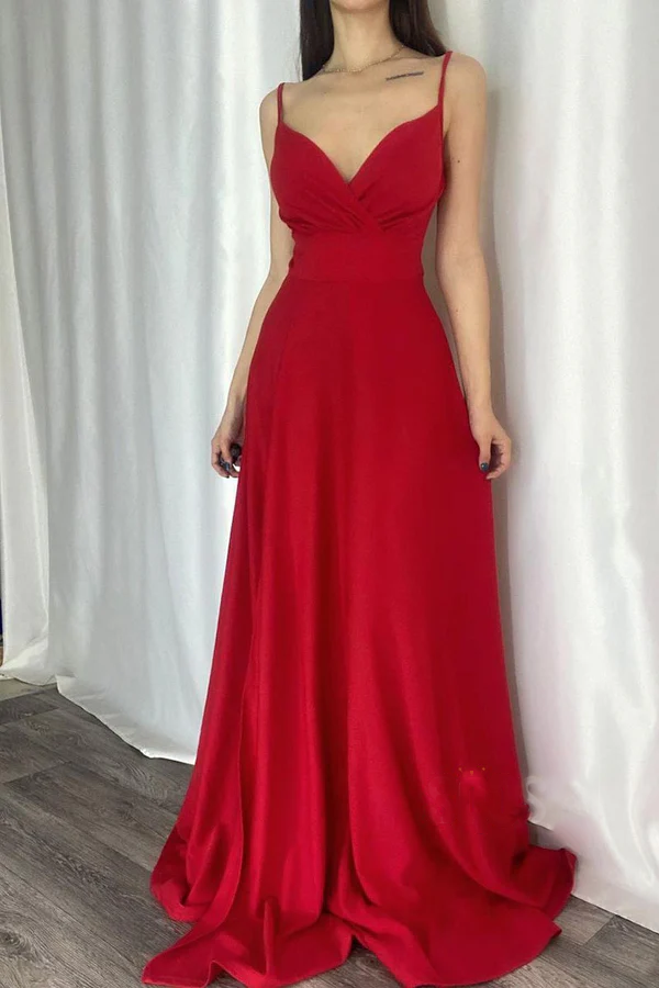 Vestido de noche largo elegante y moderno con escote en V, corte A y tirantes finos