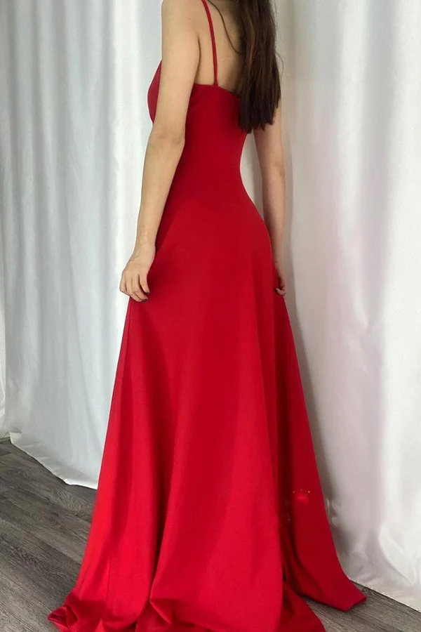 Vestido de noche largo elegante y moderno con escote en V, corte A y tirantes finos