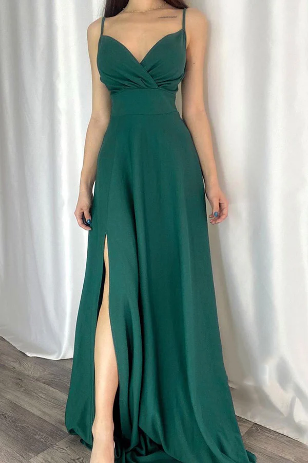 Vestido de noche largo elegante y moderno con escote en V, corte A y tirantes finos