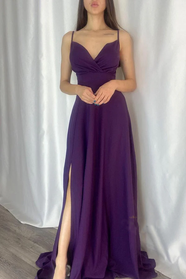 Vestido de noche largo elegante y moderno con escote en V, corte A y tirantes finos