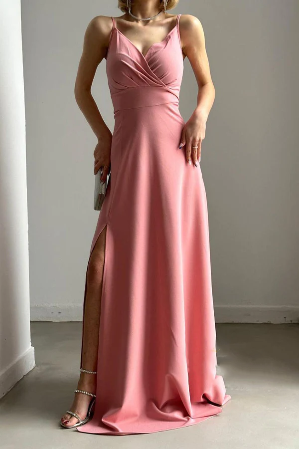 Vestido de noche minimalista de corte A, sexy, con escote en V, tirantes al hombro y abertura larga.
