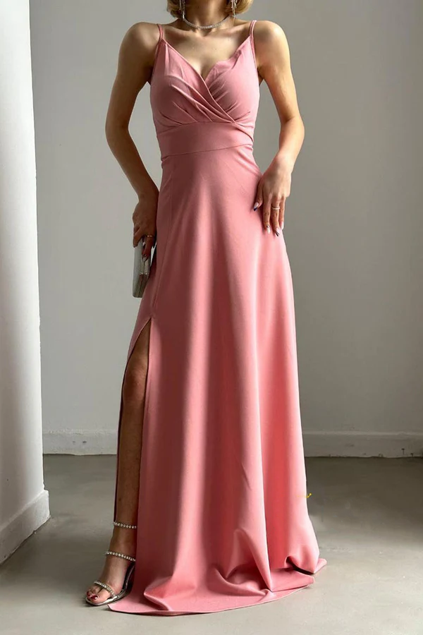 Vestido de noche sencillo, sexy, con escote en V, tirantes al hombro y abertura larga