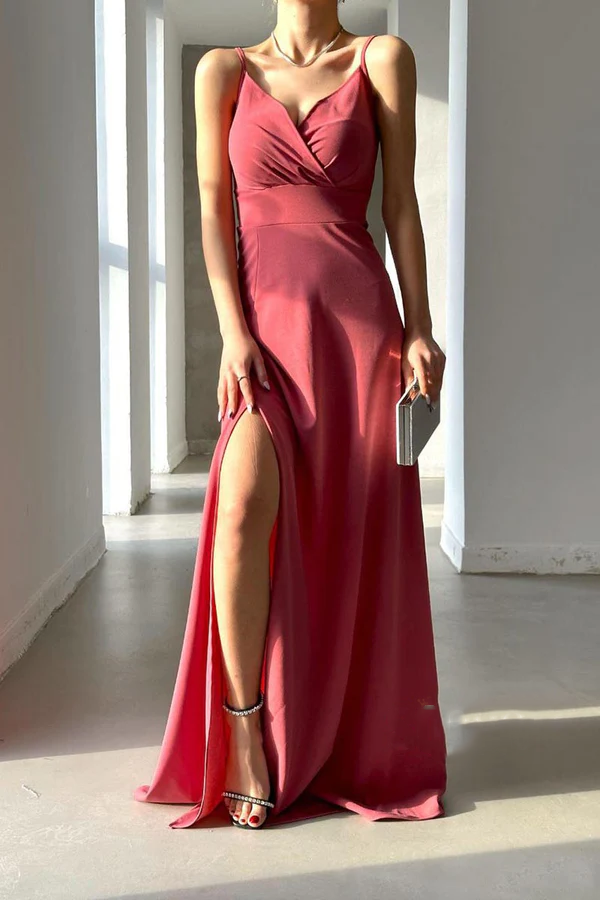 Vestido de noche sencillo, sexy, con escote en V, tirantes al hombro y abertura larga