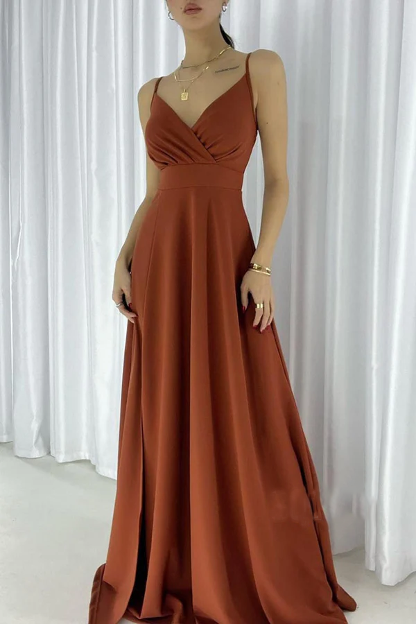 Vestido de noche minimalista de corte A, sexy, con escote en V, tirantes al hombro y abertura larga.