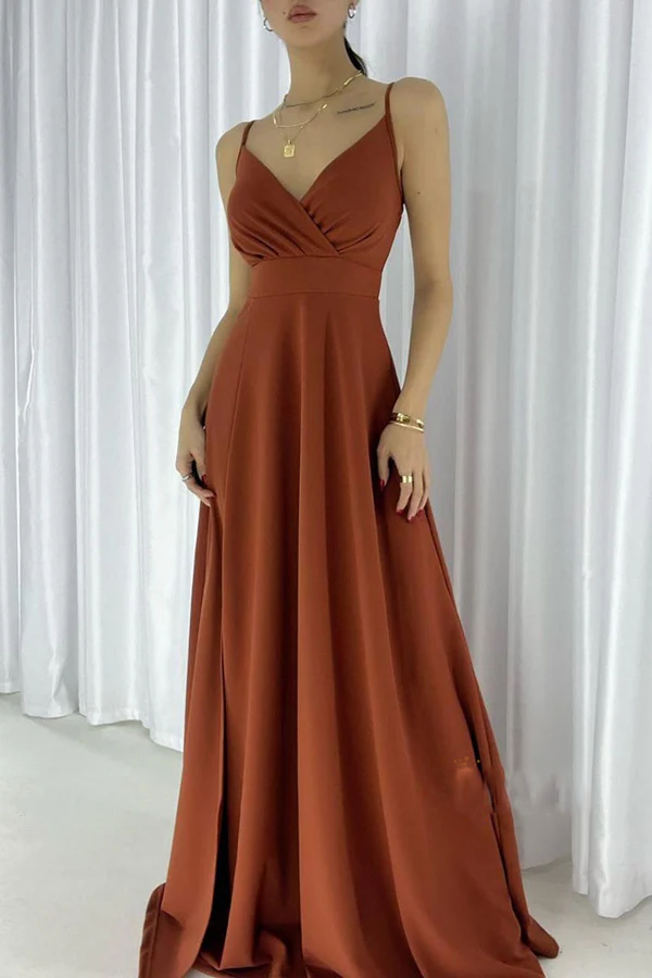Vestido de noche sencillo, sexy, con escote en V, tirantes al hombro y abertura larga