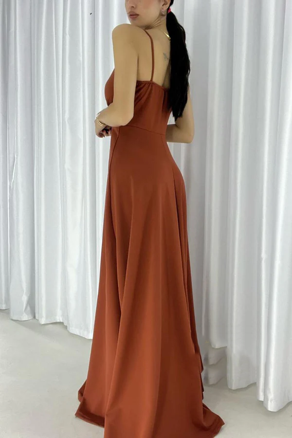 Vestido de noche minimalista de corte A, sexy, con escote en V, tirantes al hombro y abertura larga.