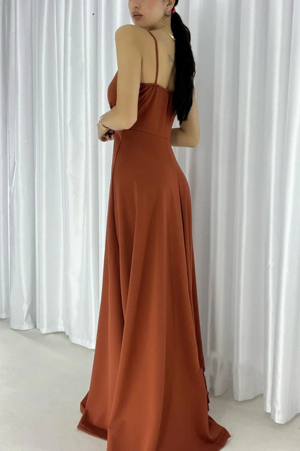 Vestido de noche sencillo, sexy, con escote en V, tirantes al hombro y abertura larga