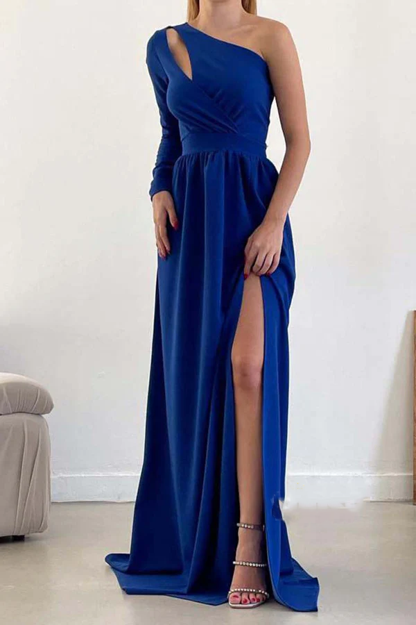 Vestido de noche sin espalda, corte A, un hombro, cintura, manga larga, abertura, baile