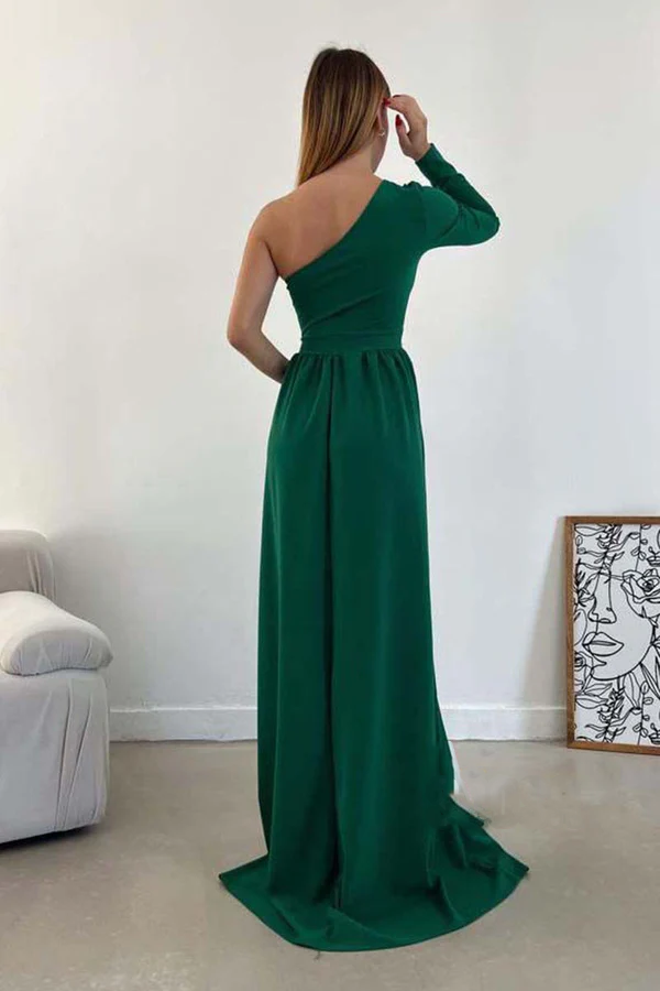 Vestido de noche sin espalda, corte A, un hombro, cintura, manga larga, abertura, baile