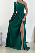 Forest Green One Shoulder Crepe A-Line Floor-Length Gown | Prom & Wedding Guest Dress