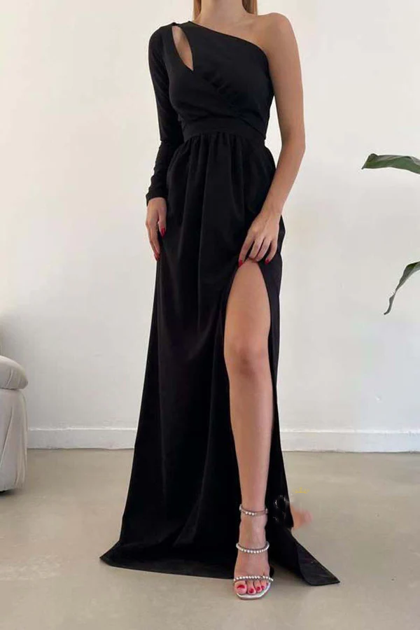 Vestido de noche sin espalda, corte A, un hombro, cintura, manga larga, abertura, baile