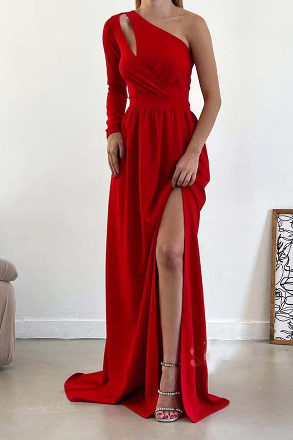 Vestido de noche sin espalda, corte A, un hombro, cintura, manga larga, abertura, baile