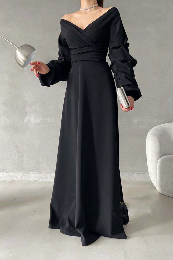 Vestido de noche minimalista de corte A, escote en V, hombros descubiertos, mangas abullonadas y largo hasta el suelo