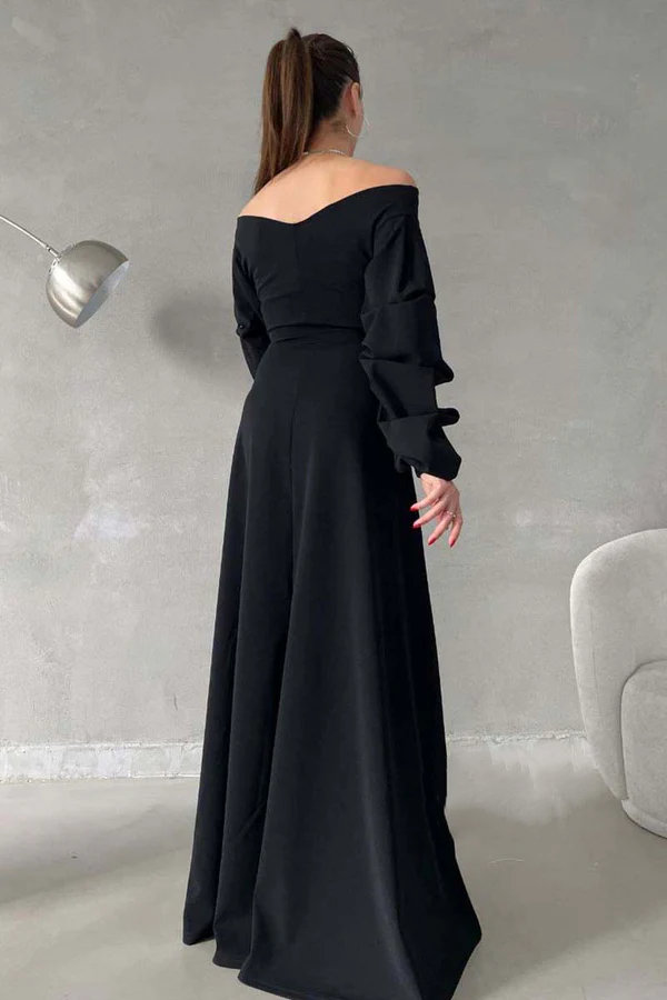 Vestido de noche minimalista de corte A, escote en V, hombros descubiertos, mangas abullonadas y largo hasta el suelo