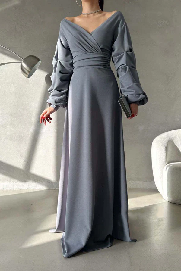 Vestido de noche minimalista de corte A, escote en V, hombros descubiertos, mangas abullonadas y largo hasta el suelo
