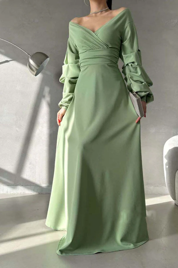 Vestido de noche minimalista de corte A, escote en V, hombros descubiertos, mangas abullonadas y largo hasta el suelo