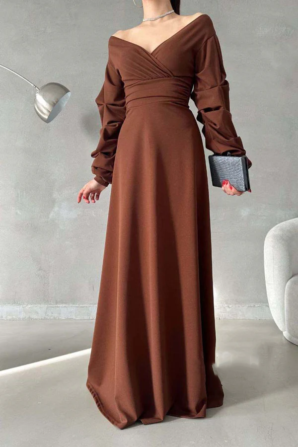 Vestido de noche minimalista de corte A, escote en V, hombros descubiertos, mangas abullonadas y largo hasta el suelo