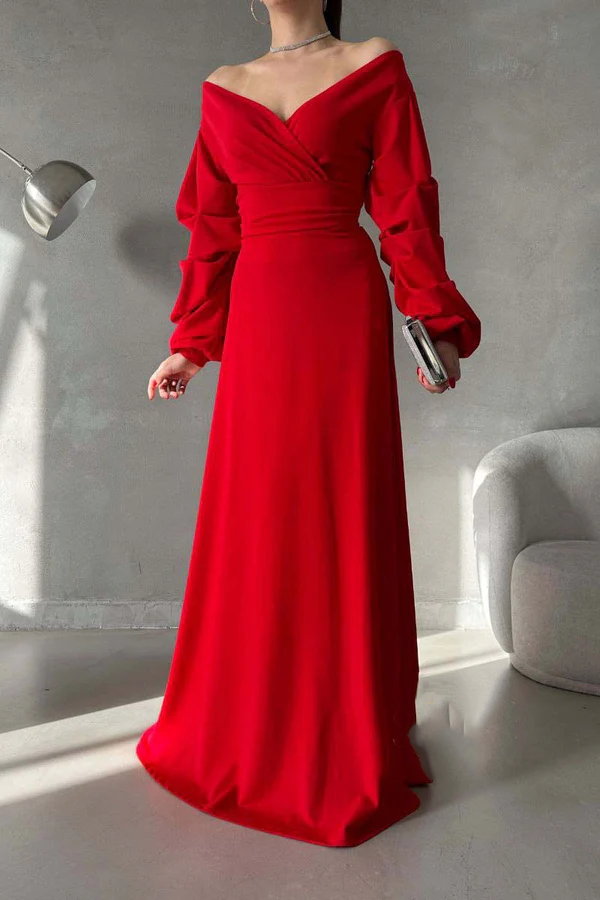 Vestido de noche minimalista de corte A, escote en V, hombros descubiertos, mangas abullonadas y largo hasta el suelo