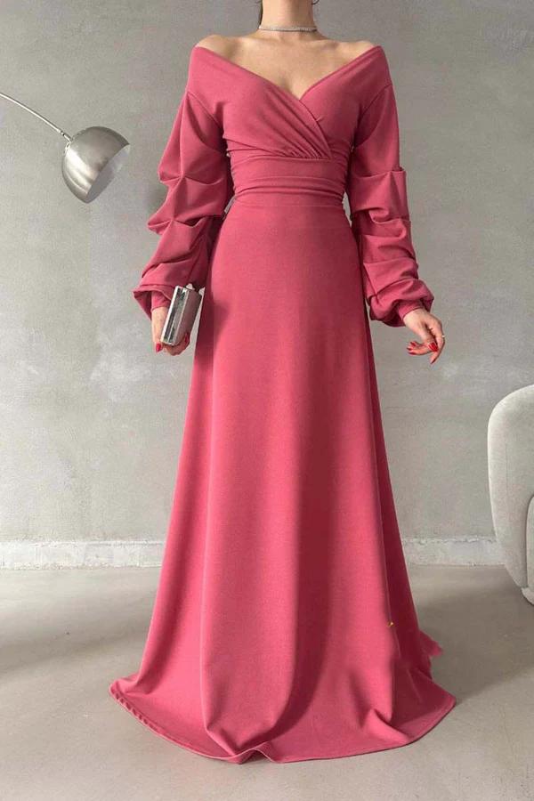 Vestido de noche minimalista de corte A, escote en V, hombros descubiertos, mangas abullonadas y largo hasta el suelo