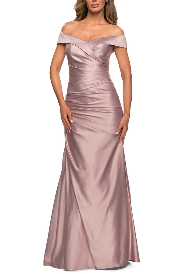 Off shoulder satin pleats elegant mother of the bride dress
