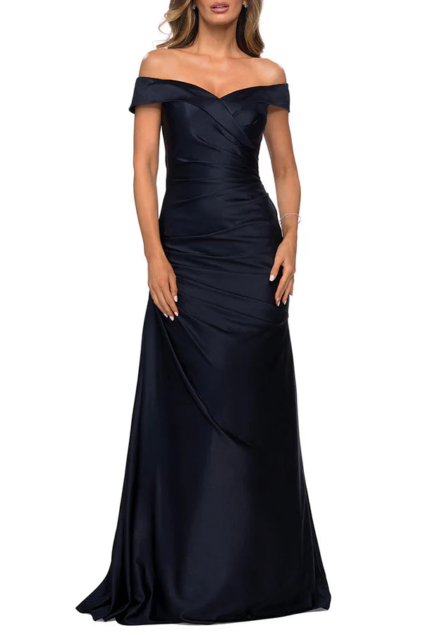 Off shoulder satin pleats elegant mother of the bride dress